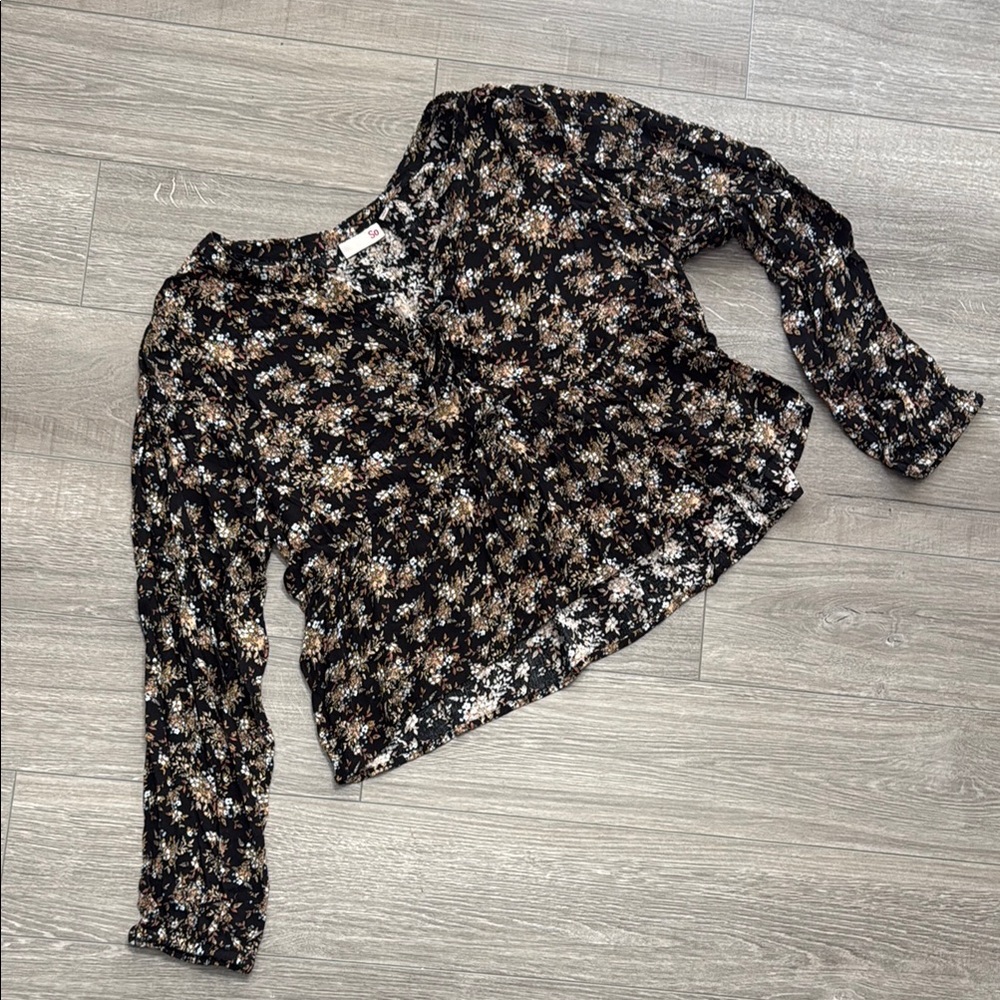 SO Black and Orange Crop Top with Puff Sleeves and Peter Pan Collar